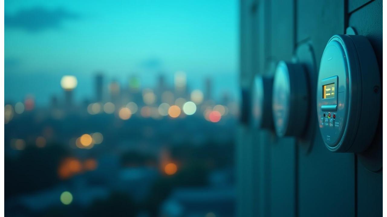 Modern smart energy meters installed in a residential area at dusk illuminated with green energy lights