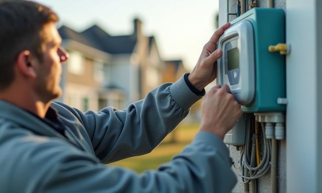 Technician installing a smart meter on a residential property, showcasing Prepay Power Solutions' smart metering technology